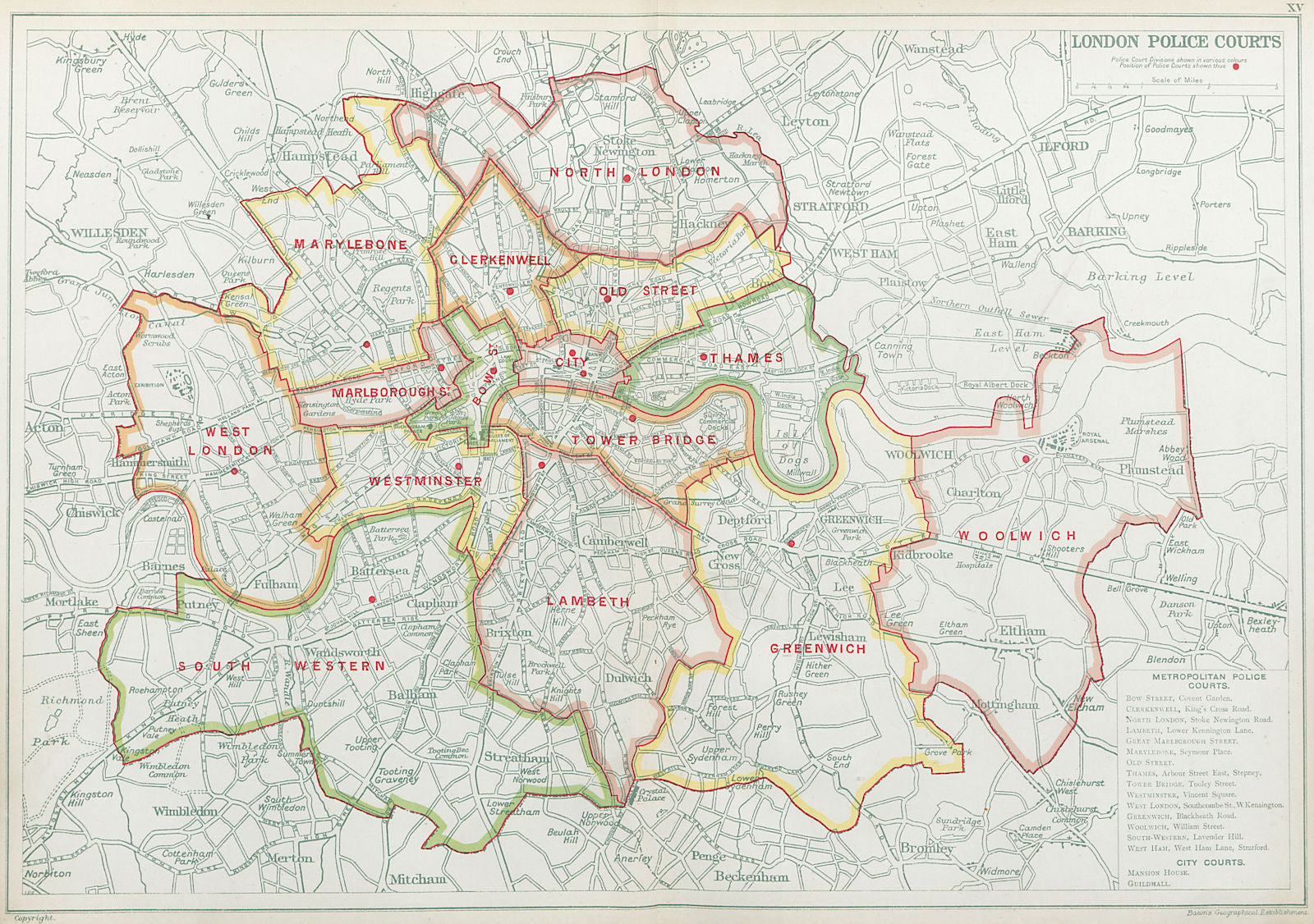 LONDON POLICE COURTS. Showing divisions & court locations. BACON 1920 old map